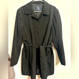 London Fog Black Belted Mid Length Rain Jacket Zipper Front Size 14